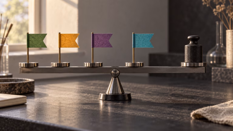 Four colored paper flags beside a black calibration weight on a level metal balance beam
