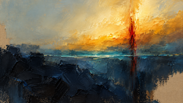 Painterly oil-on-canvas abstraction: a luminous amber and gold band rising across the upper middle, a narrow teal seam cutting horizontally below it, a heavy dark indigo mass filling the lower left, one crimson vertical stroke through the amber, and patches of unpainted ochre linen at the left edge and lower-right corner.