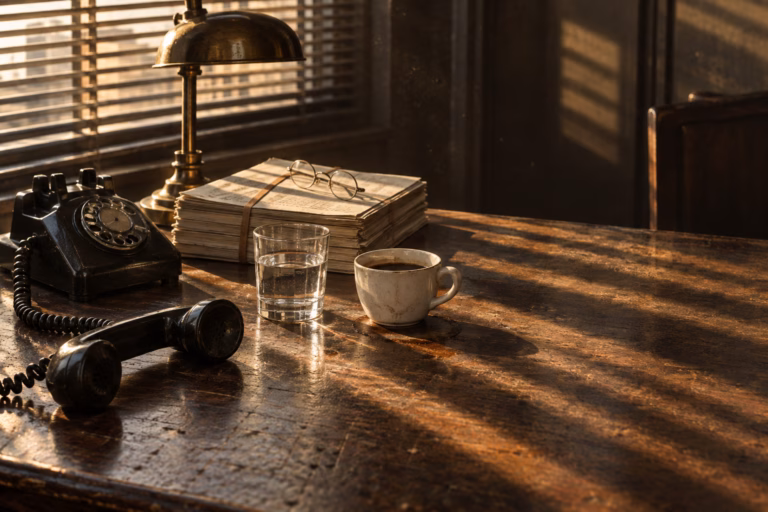 Documentary still-life photograph of a scarred wooden bond desk after the close: a black rotary telephone with its handset off the hook, a heavy stack of paper ledgers bound with a rubber band under folded wire-rimmed glasses, a glass of water, a cooling cup of coffee that has left a ring on the wood, and a switched-off brass desk lamp, all raked by hard late-afternoon sunlight through slatted window blinds.