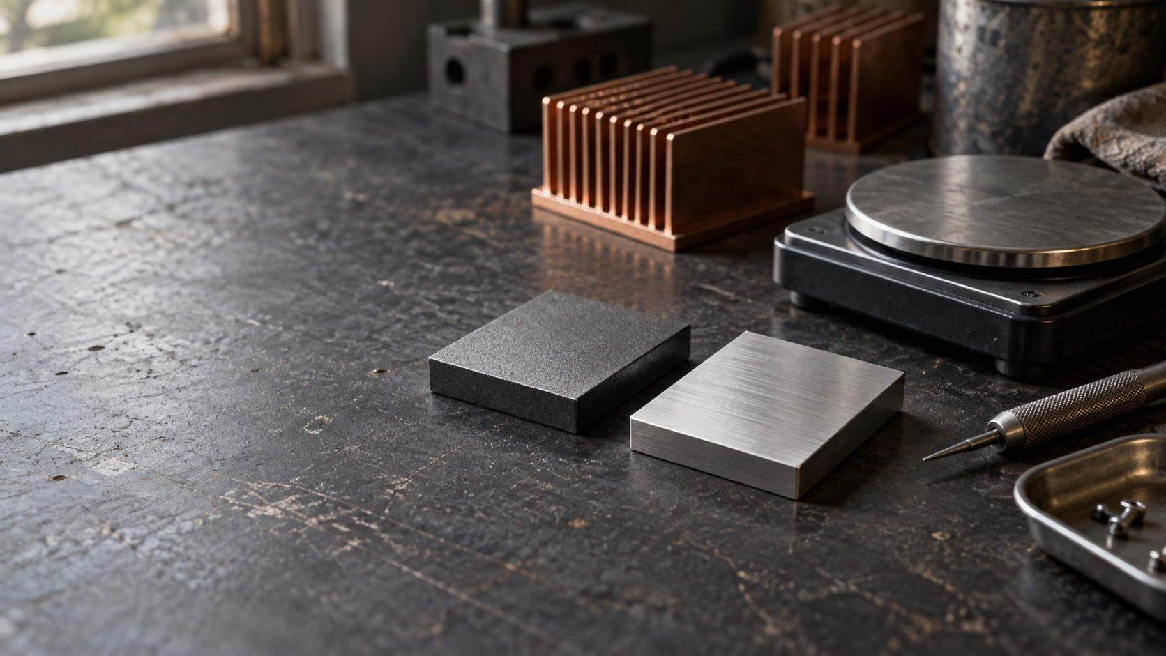 Two machined metal tiles beside copper cooling fins on a dark workshop bench, representing the 4-bit and 8-bit Qwen comparison.