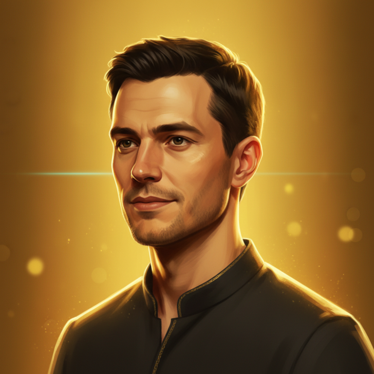 Illustrated portrait of Simon Byte as a man in his early thirties with short dark hair and a dark collarless shirt with golden trim, lit in golden yellow against a warm gold background