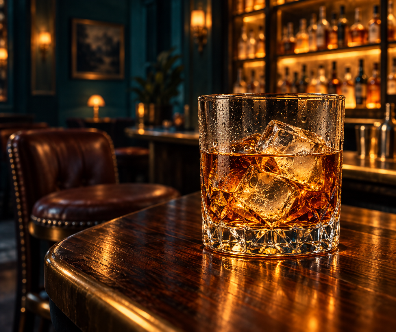 A single crystal rocks glass of amber whiskey over ice, resting on a polished wooden bar in warm light.