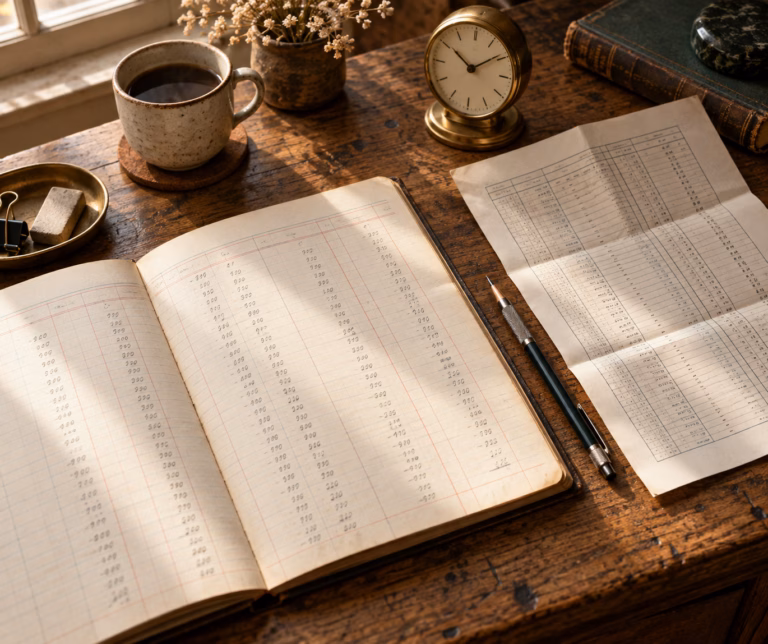 An overhead still-life of a paper trading ledger with handwritten figures, a mechanical pencil and printed market tables on a sunlit oak desk.