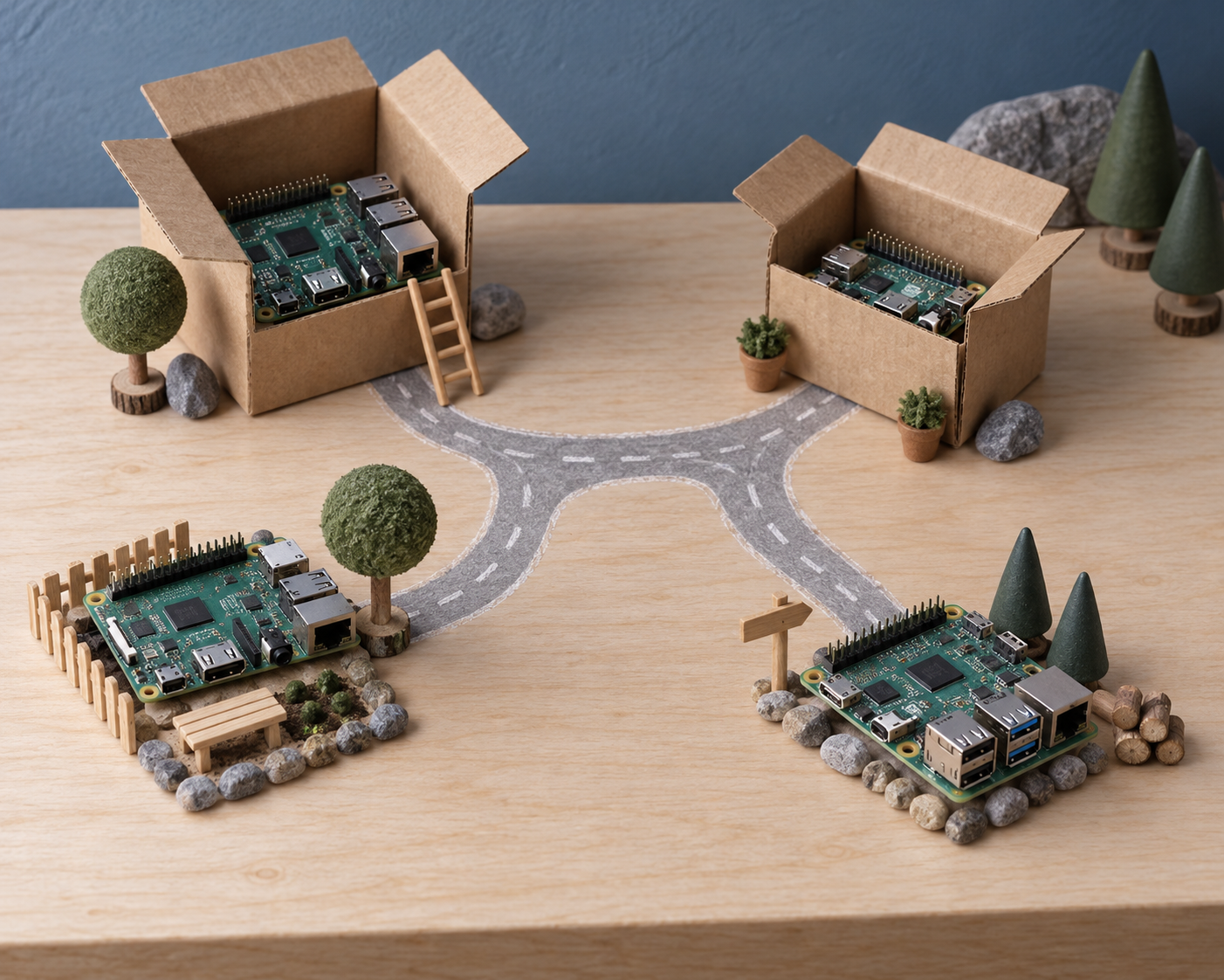 A tabletop miniature diorama in which four tiny single-board computers stand like a village on a wooden table, two packed in open cardboard boxes beside a chalk road.