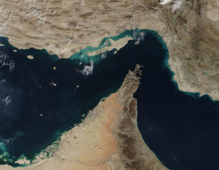 Satellite view of the Strait of Hormuz, the narrow waterway between Iran and the Arabian Peninsula