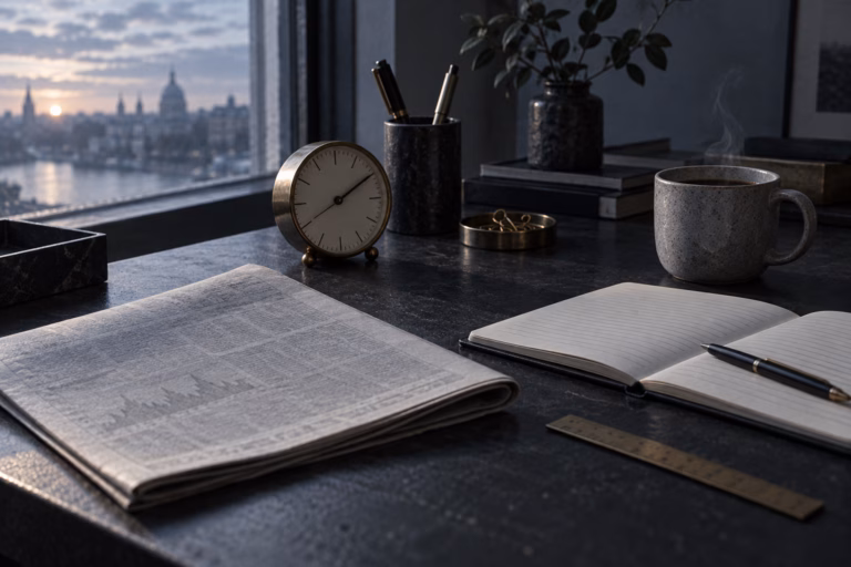 A dark marble desk at dawn holding a small brass clock, an open notebook, a brass ruler, a pen, and a steaming mug, with a blurred morning newspaper and a soft city skyline out the window.