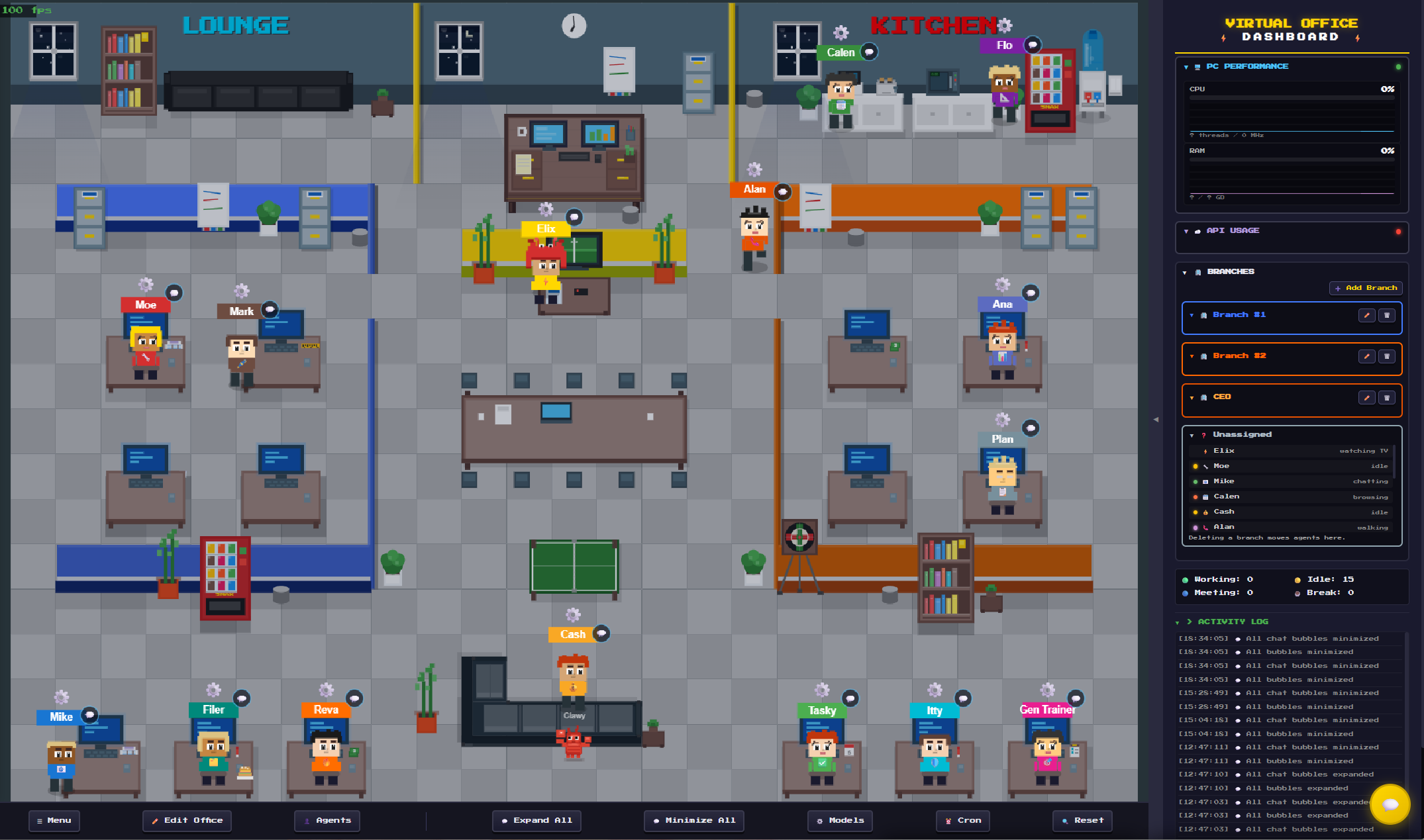 Top-down pixel-art virtual office with named agent characters at desks, a lounge, kitchen, meeting table, and a dashboard panel.