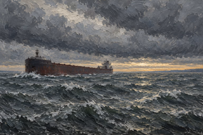 Oil painting of a lone ore freighter on a vast cold lake under a heavy grey sky