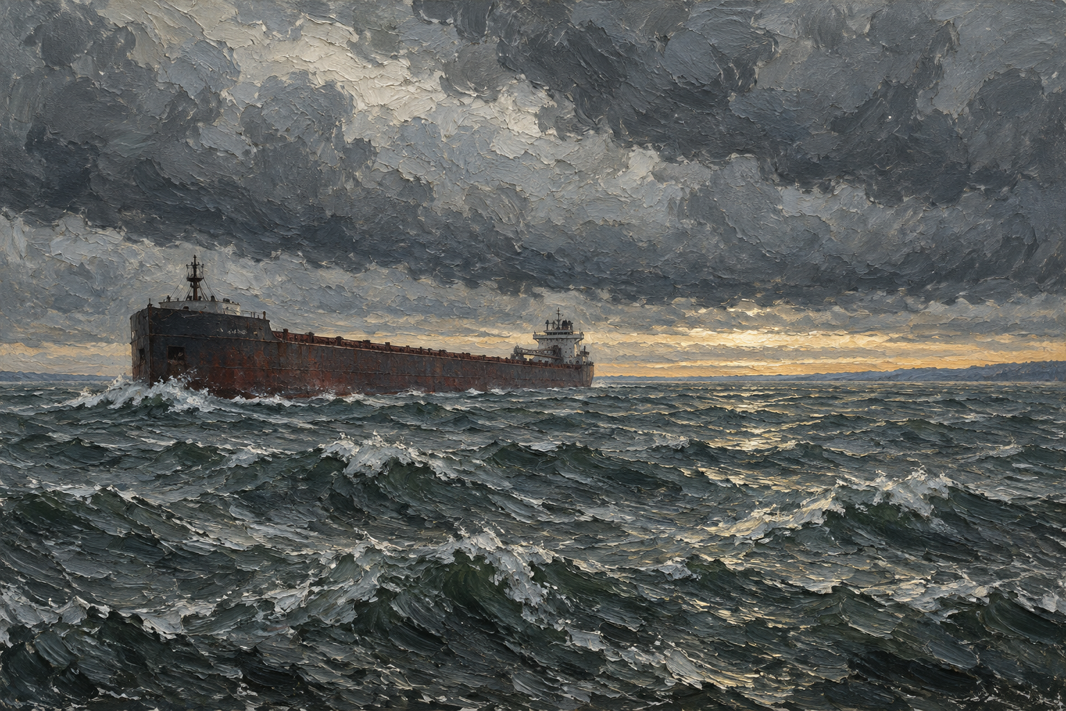 Oil painting of a lone ore freighter on a vast cold lake under a heavy grey sky