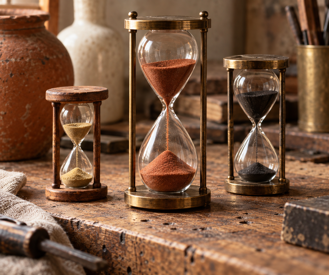A close-up of three hourglasses of different sizes on a wooden workbench, holding rust-red, sand-gold and charcoal-black sand.