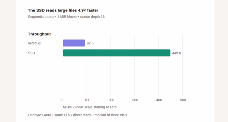 Sequential read throughput on the same Raspberry Pi 5: microSD 92.5 MiB/s versus NVMe SSD 449.8 MiB/s, a 4.9-fold improvement. One MiB blocks, queue depth 16.