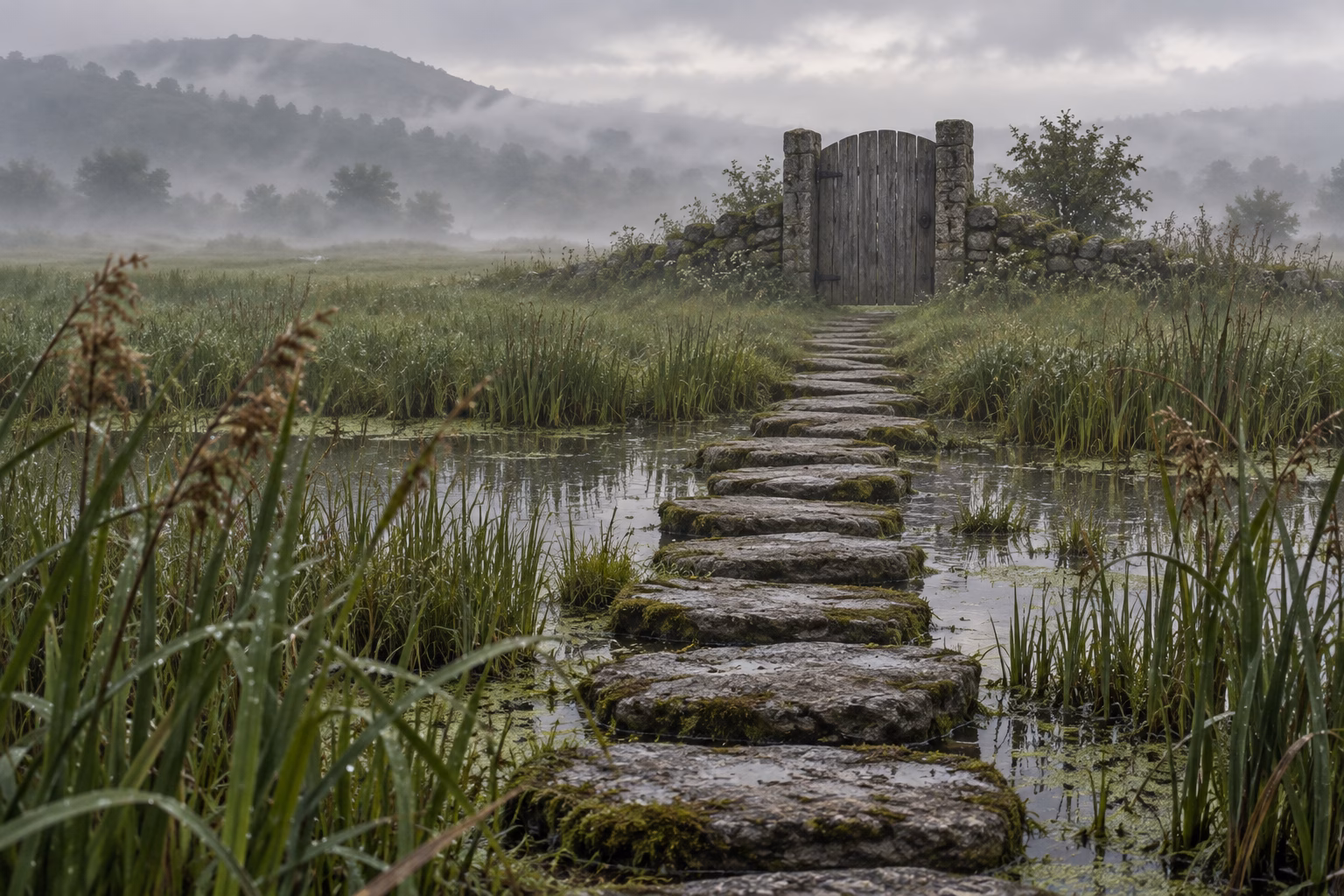 A line of weathered stepping stones crosses a misty green marsh and ends at a tall closed wooden gate.