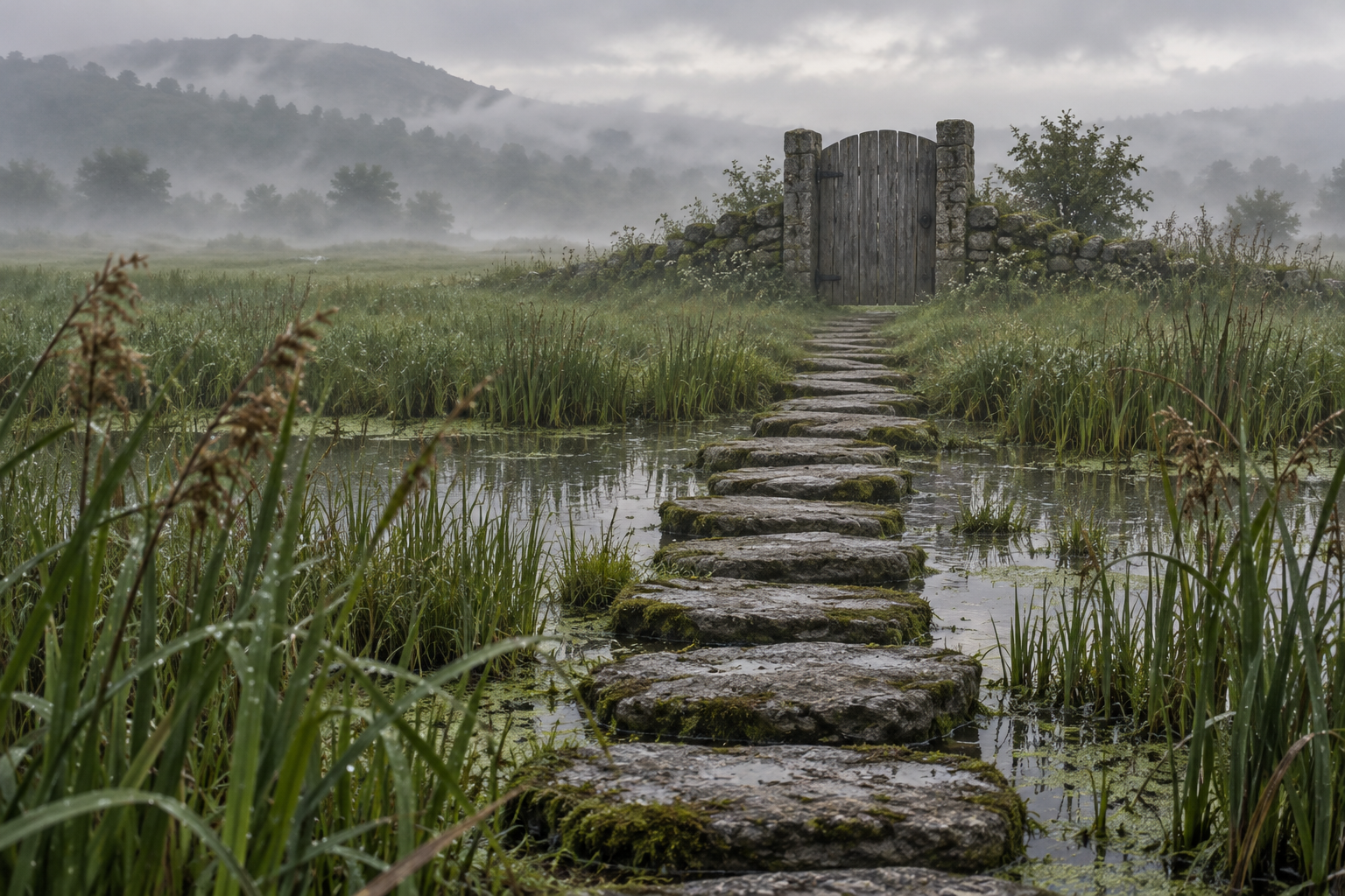 A line of weathered stepping stones crosses a misty green marsh and ends at a tall closed wooden gate.