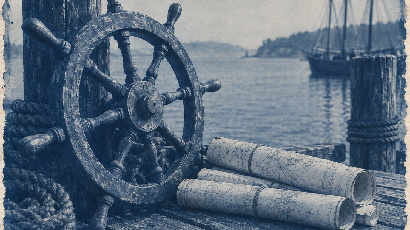 Cyanotype of a wooden ship's wheel and rolled charts on a weathered dock
