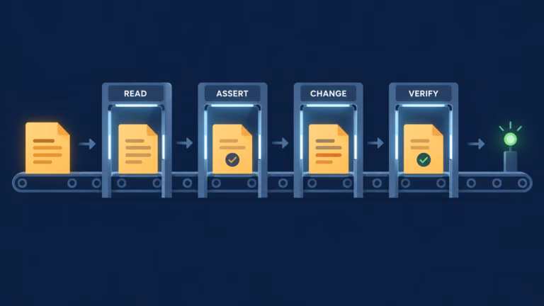 A document travels through four guarded stages labeled Read, Assert, Change, and Verify before reaching a green confirmation light.