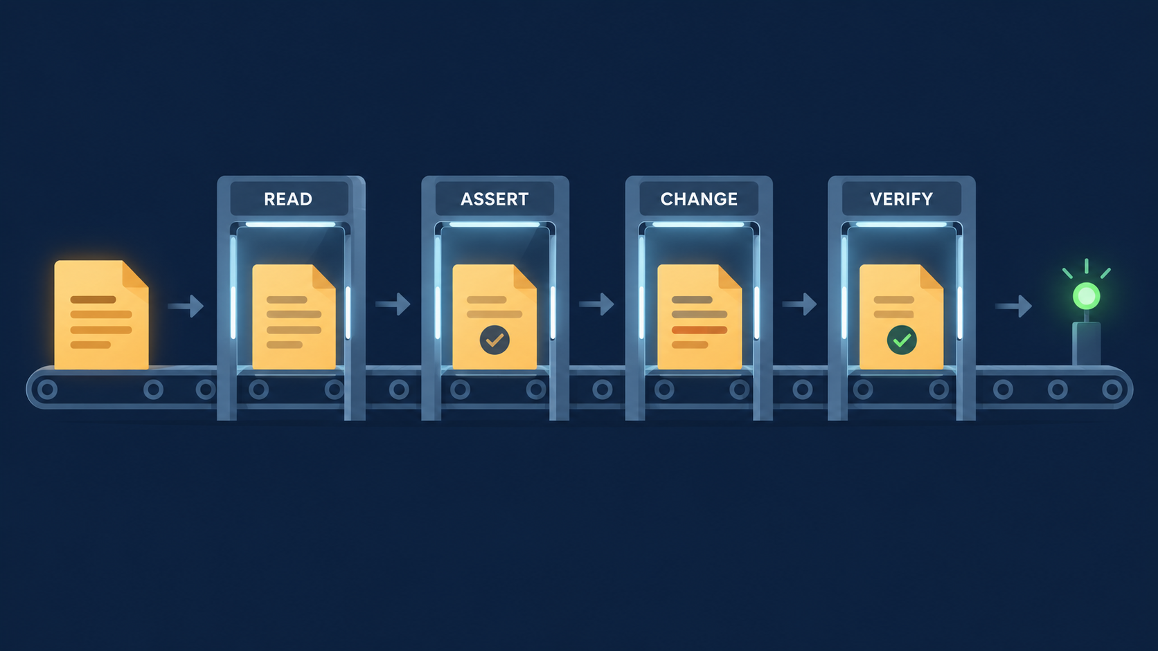 A document travels through four guarded stages labeled Read, Assert, Change, and Verify before reaching a green confirmation light.