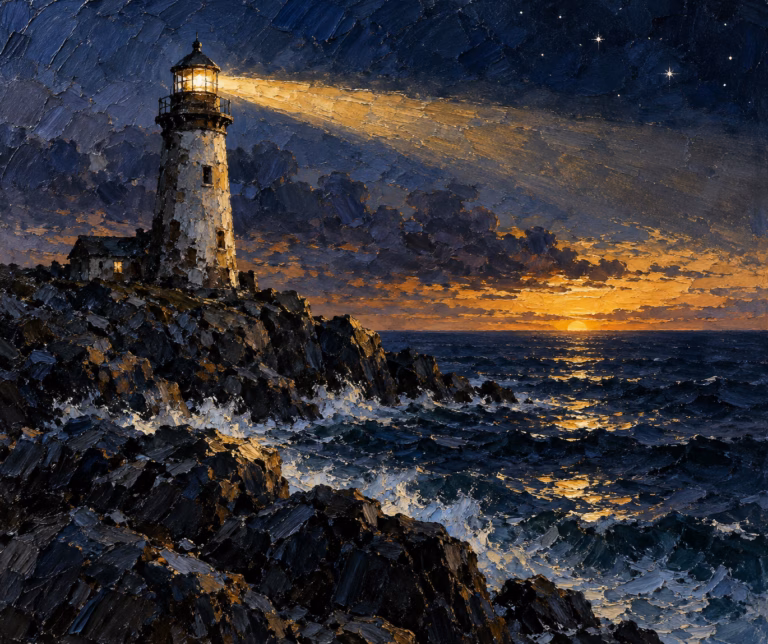 Impasto painting of a weathered lighthouse on a rocky point at dusk with its beam over dark water