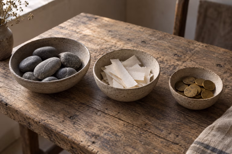 Three shallow stoneware bowls in a row on a weathered oak table, holding polished grey river stones, folded cream paper strips, and small brass discs, in soft daylight.