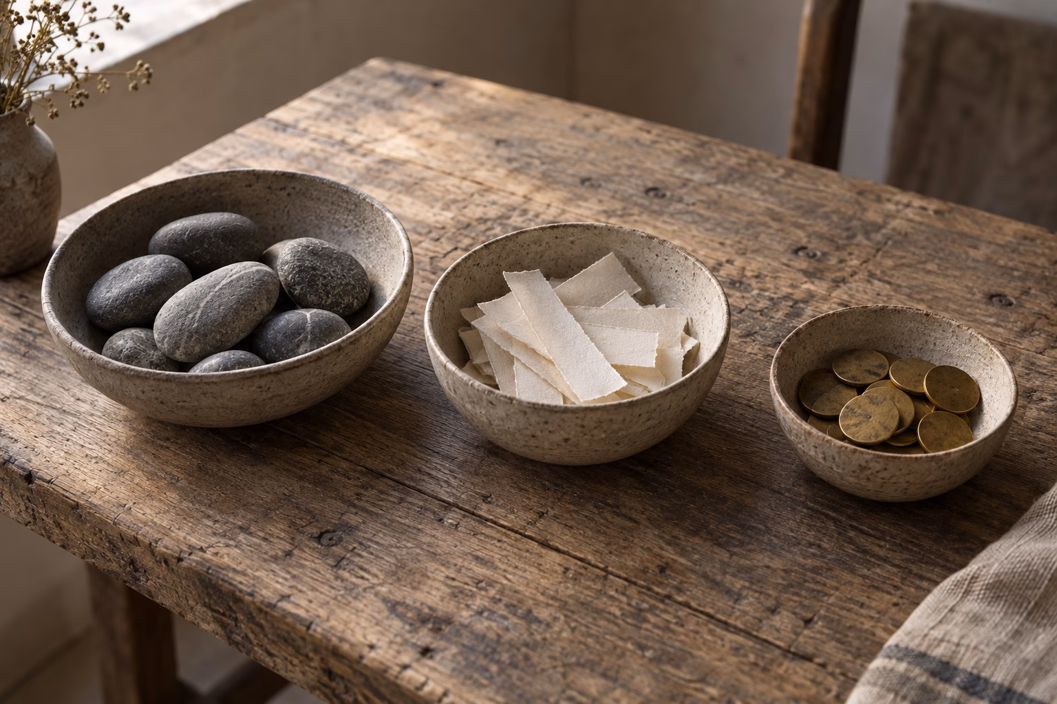 Three shallow stoneware bowls in a row on a weathered oak table, holding polished grey river stones, folded cream paper strips, and small brass discs, in soft daylight.
