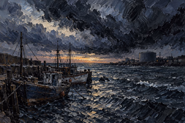 An impasto oil painting of dark storm clouds over a small fishing harbour at dusk with moored wooden boats and a distant storage tank.