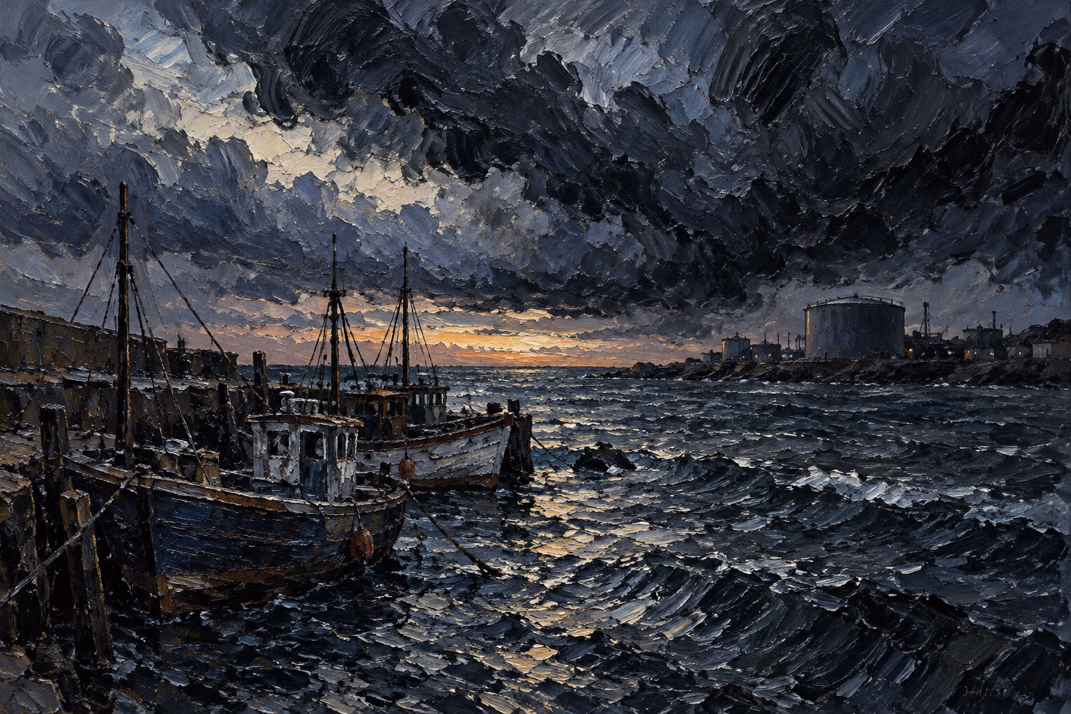 An impasto oil painting of dark storm clouds over a small fishing harbour at dusk with moored wooden boats and a distant storage tank.