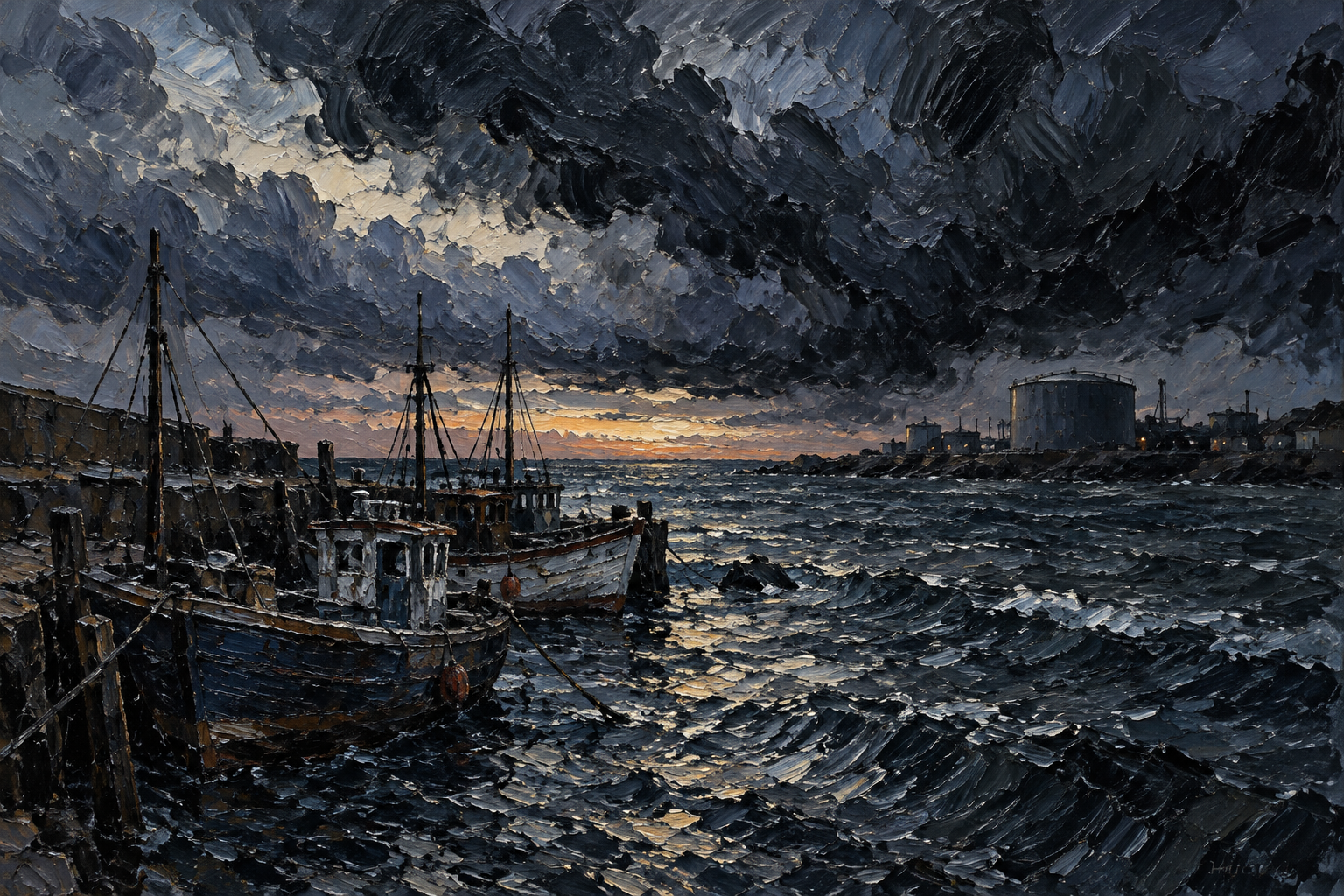 An impasto oil painting of dark storm clouds over a small fishing harbour at dusk with moored wooden boats and a distant storage tank.