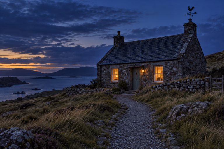 A small stone coastal cottage at dusk with two warmly lit windows, an empty gravel path and a weathervane on the roof.