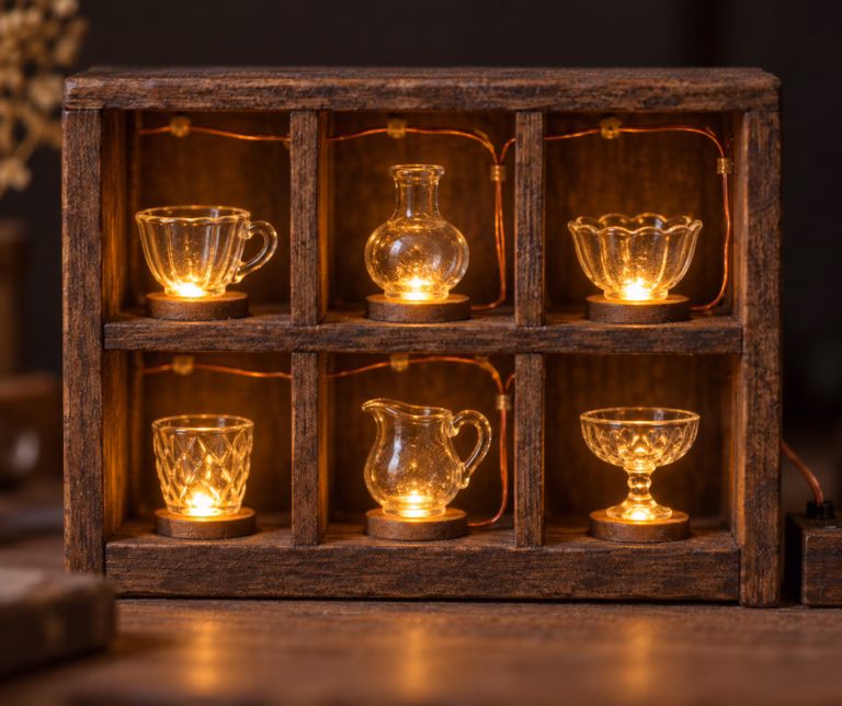 Miniature diorama of a wooden shelf holding small glass cups lit from below by amber LEDs with thin copper wiring