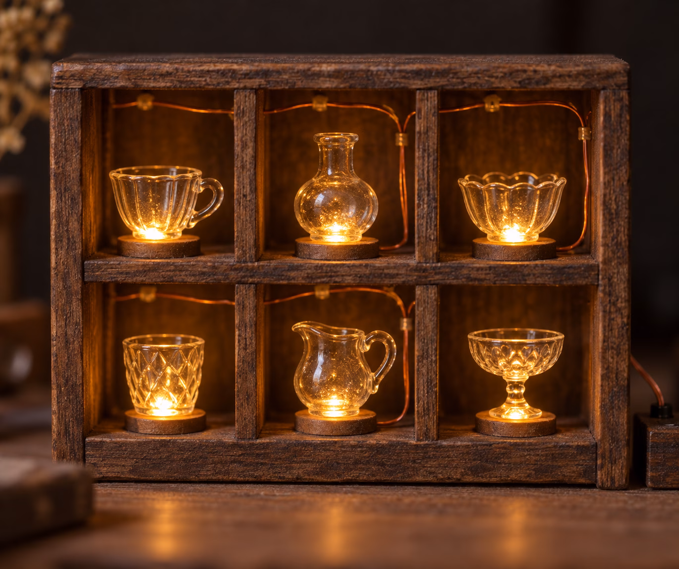 Miniature diorama of a wooden shelf holding small glass cups lit from below by amber LEDs with thin copper wiring