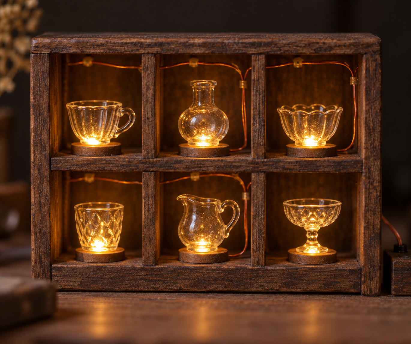 Miniature diorama of a wooden shelf holding small glass cups lit from below by amber LEDs with thin copper wiring