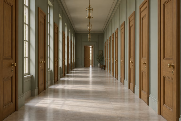 A long symmetrical corridor lined with many identical wooden doors, each with its own brass lock, one door slightly ajar at the far end.