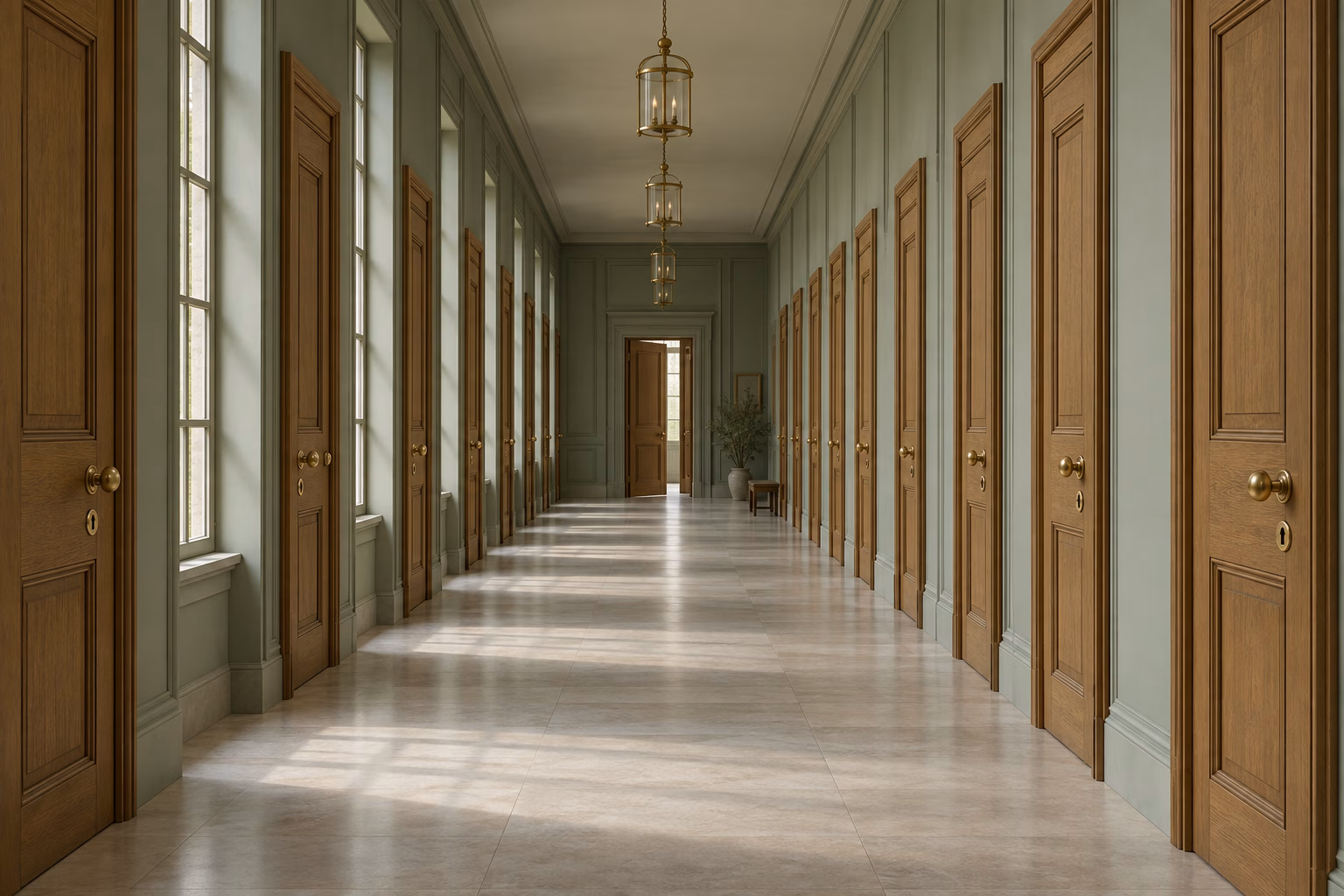 A long symmetrical corridor lined with many identical wooden doors, each with its own brass lock, one door slightly ajar at the far end.