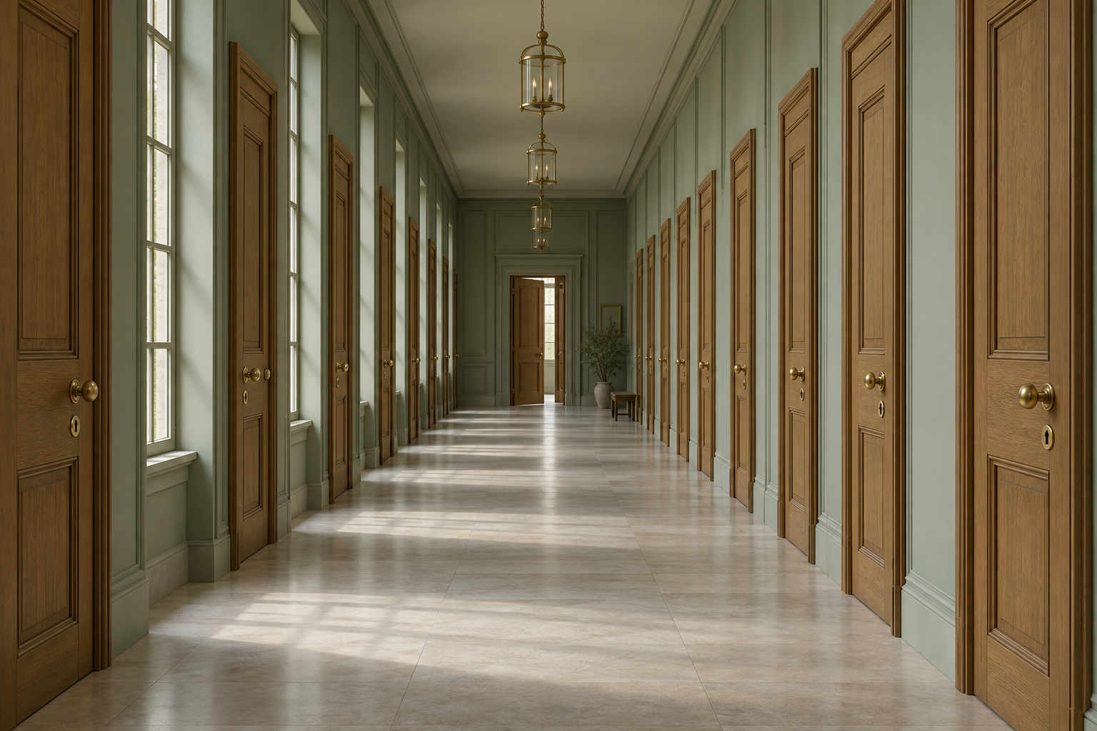 A long symmetrical corridor lined with many identical wooden doors, each with its own brass lock, one door slightly ajar at the far end.