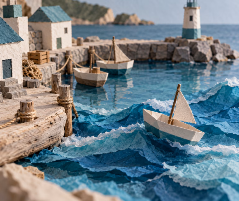 A tabletop miniature diorama of a small harbour with paper boats, one riding a rising tide made of layered blue tissue paper.