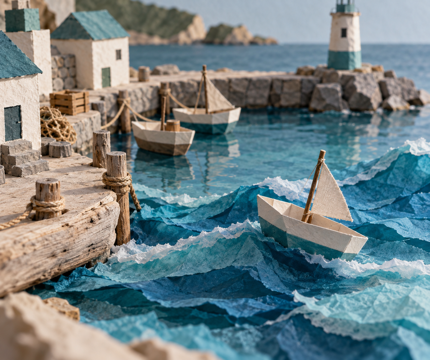 A tabletop miniature diorama of a small harbour with paper boats, one riding a rising tide made of layered blue tissue paper.