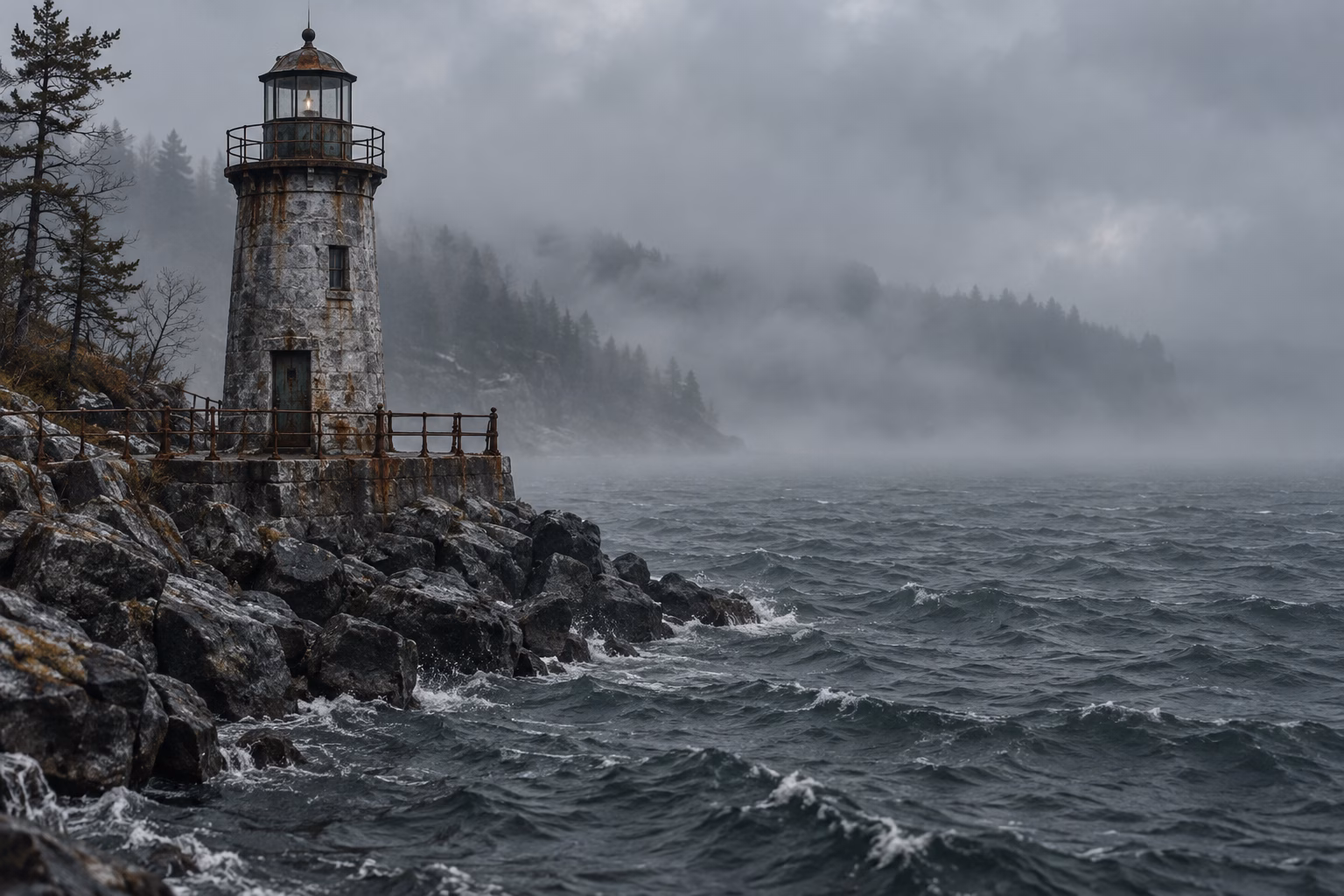 A weathered stone lighthouse on a rocky breakwater in heavy fog at the edge of a cold grey freshwater lake, with sparse pines and whitecaps against the rocks.