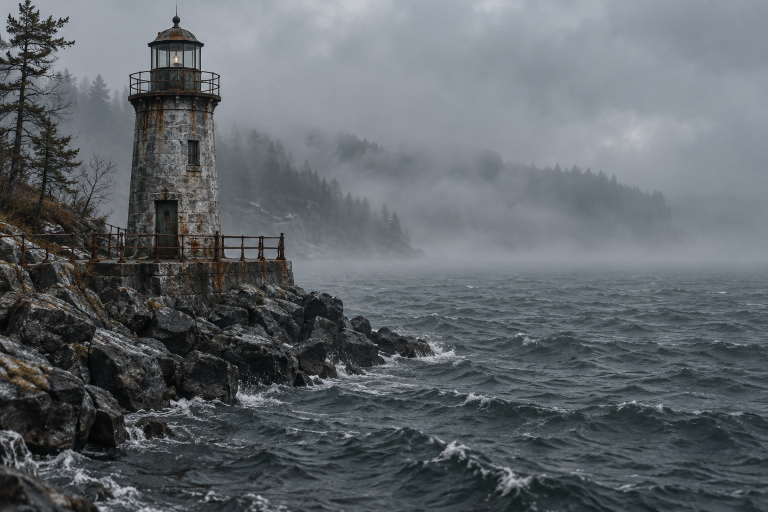 A weathered stone lighthouse on a rocky breakwater in heavy fog at the edge of a cold grey freshwater lake, with sparse pines and whitecaps against the rocks.