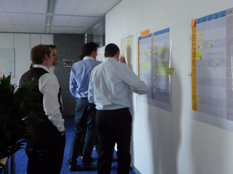 A team collaborating around a planning board