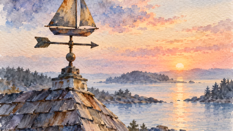 Watercolour of a sailboat weathervane on a shingled rooftop above a calm bay at dawn