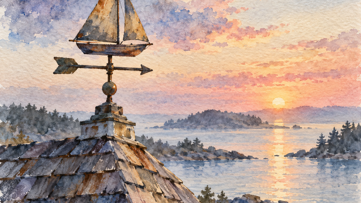 Watercolour of a sailboat weathervane on a shingled rooftop above a calm bay at dawn
