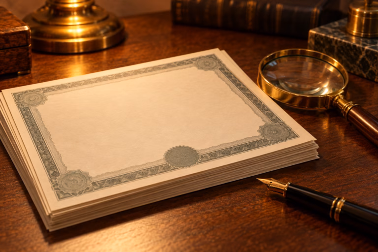 Stack of blank treasury certificates with a brass magnifier and a fountain pen on a dark walnut desk