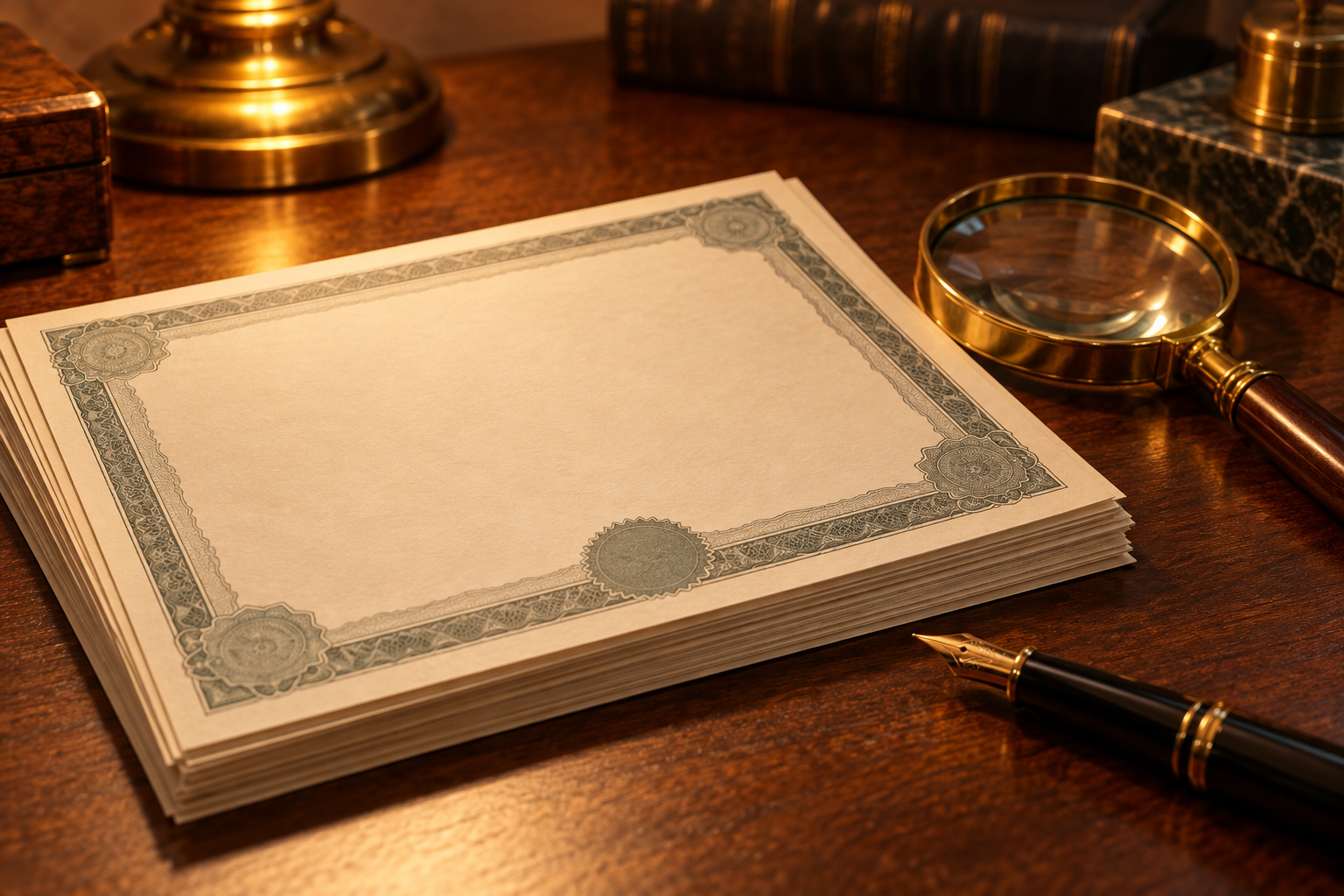 Stack of blank treasury certificates with a brass magnifier and a fountain pen on a dark walnut desk