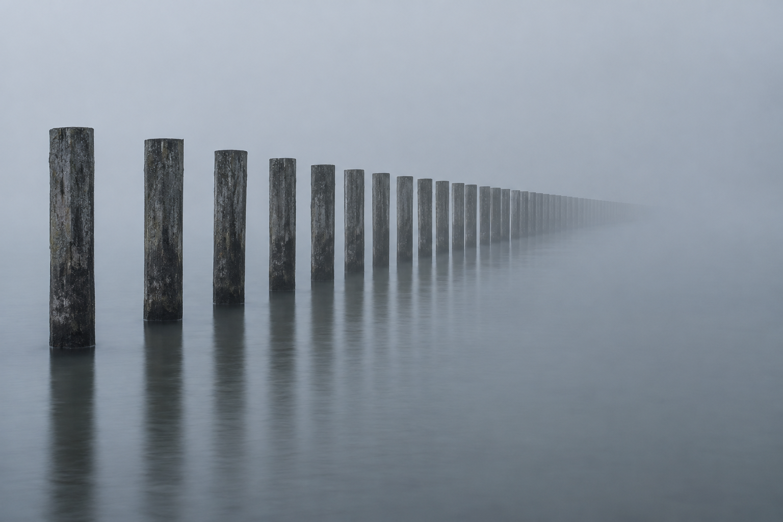 Monochrome photograph of identical weathered wooden pilings receding into lake fog