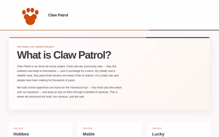 Screenshot of the clawpatrol.us homepage showing the full-width "What is Claw Patrol?" intro panel in dusty orange and dark grey.
