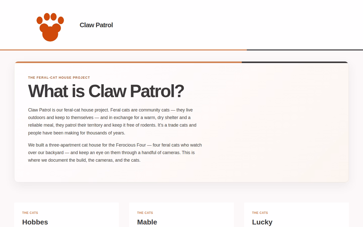 Screenshot of the clawpatrol.us homepage showing the full-width "What is Claw Patrol?" intro panel in dusty orange and dark grey.