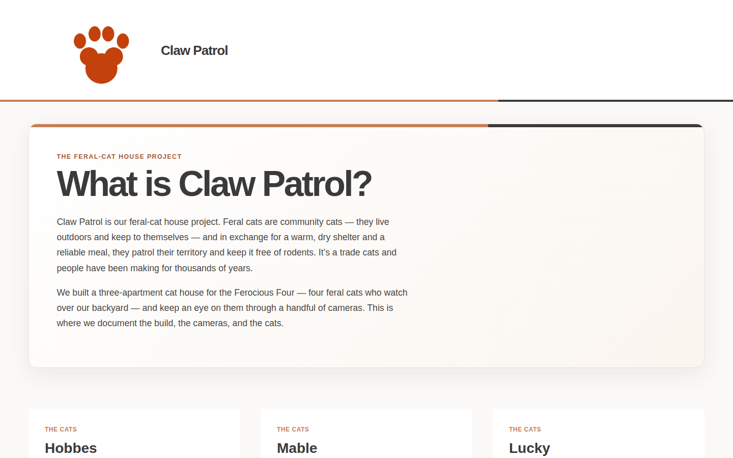 Screenshot of the clawpatrol.us homepage showing the full-width "What is Claw Patrol?" intro panel in dusty orange and dark grey.
