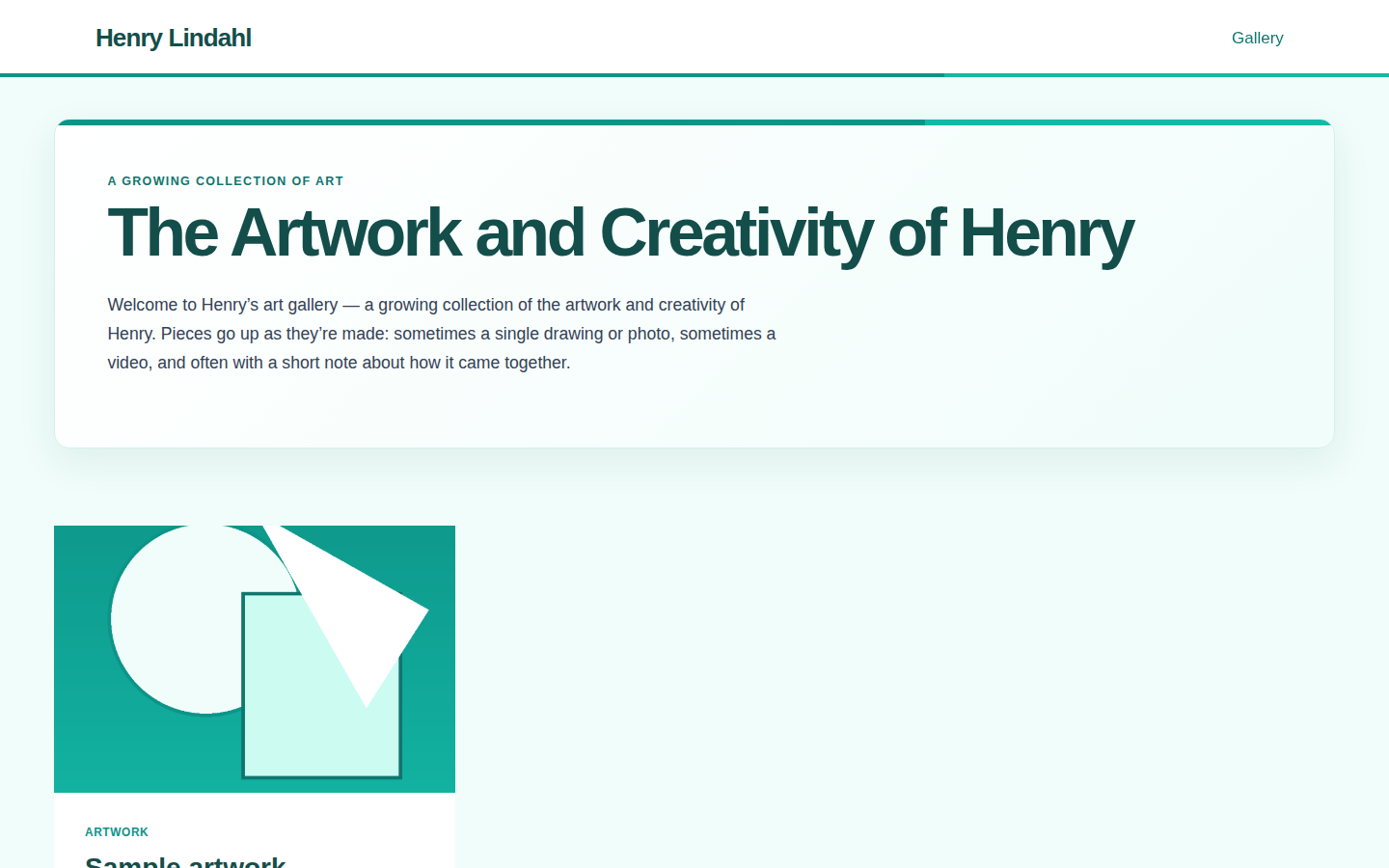 Screenshot of the henrylindahl.com homepage showing the teal "The Artwork and Creativity of Henry" intro panel and a gallery grid.