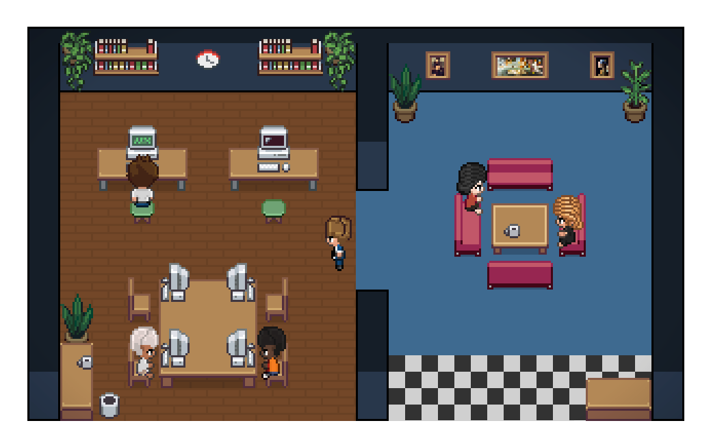 Pixel-art office scene with agents working at desks and meeting in a lounge area.
