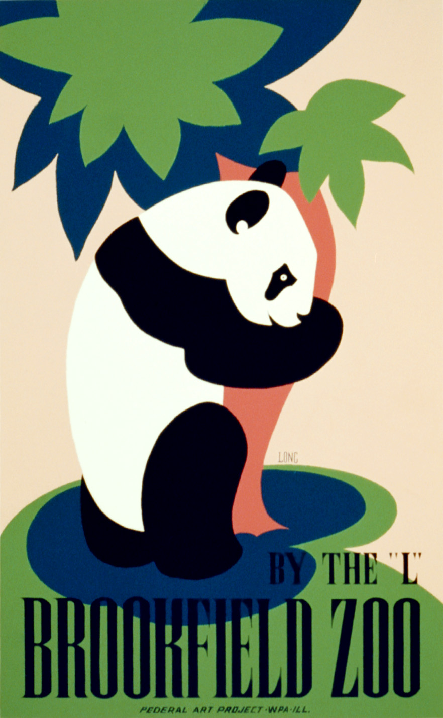 A Works Progress Administration travel poster from the 1930s showing a giant panda hugging a cypress tree, with the text 'By the L Brookfield Zoo' and 'Federal Art Project, WPA, Ill.'