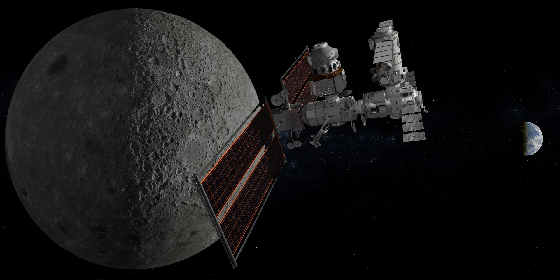 Digital rendering of the Lunar Gateway space station in orbit around the Moon